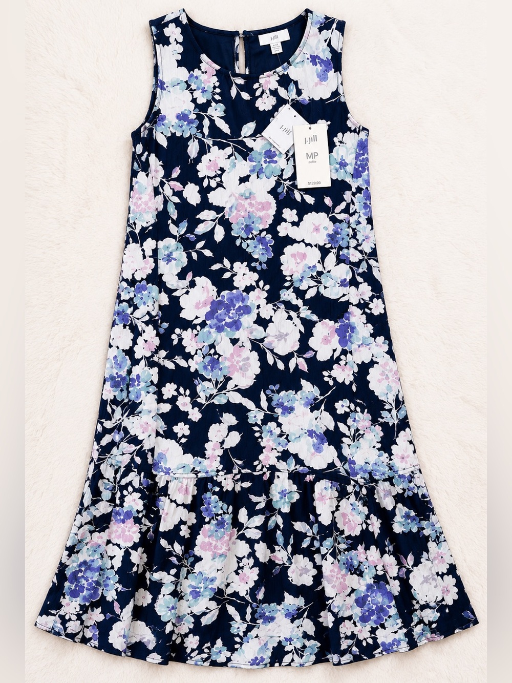 NWT J. Jill | Navy Floral Sleeveless Midi Dress High-Low Flounce Hem Size MP